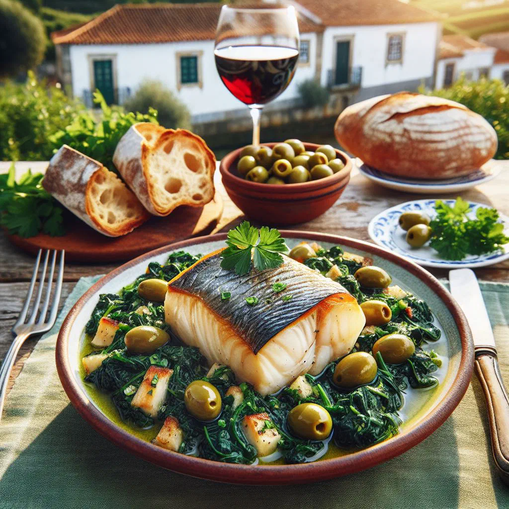 Bacalhau com espinafres with flaked cod and sautéed spinach