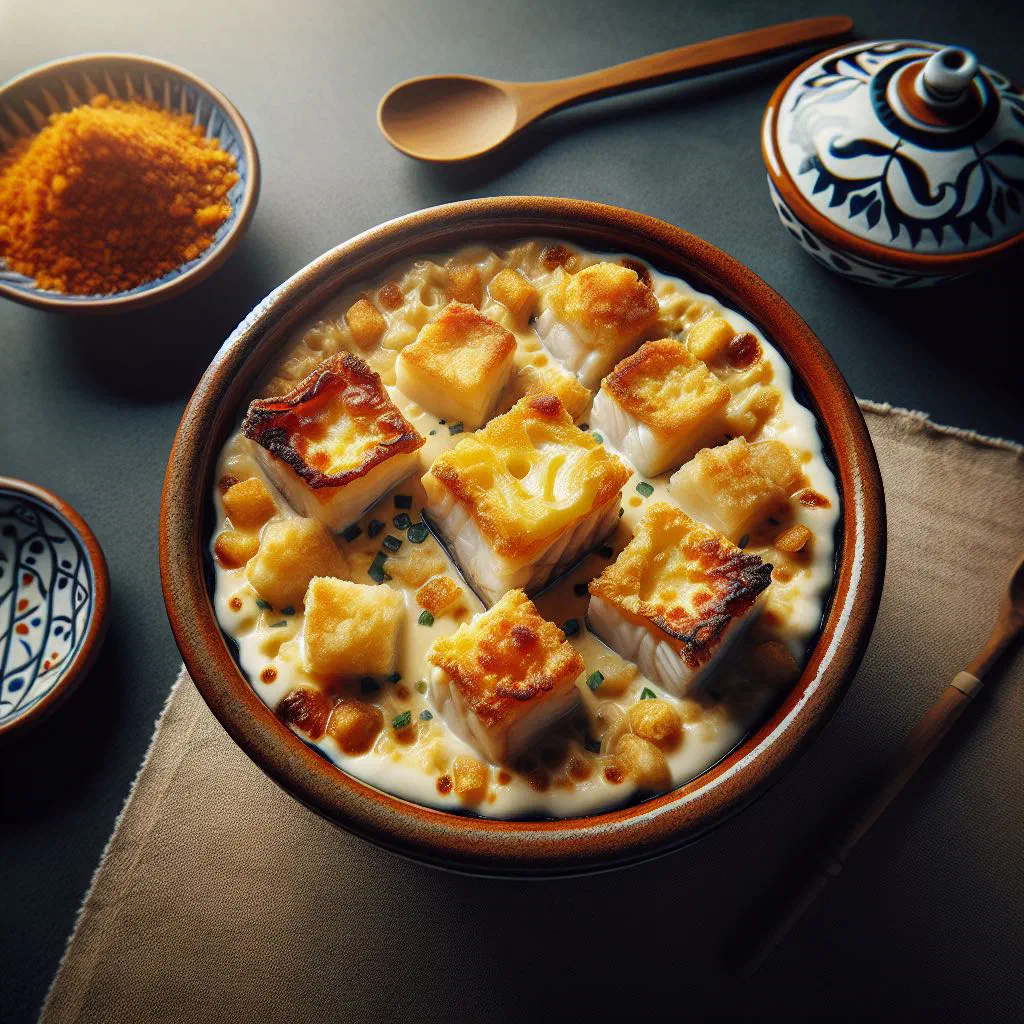Creamy baked bacalhau com natas with golden cheese topping and parsley