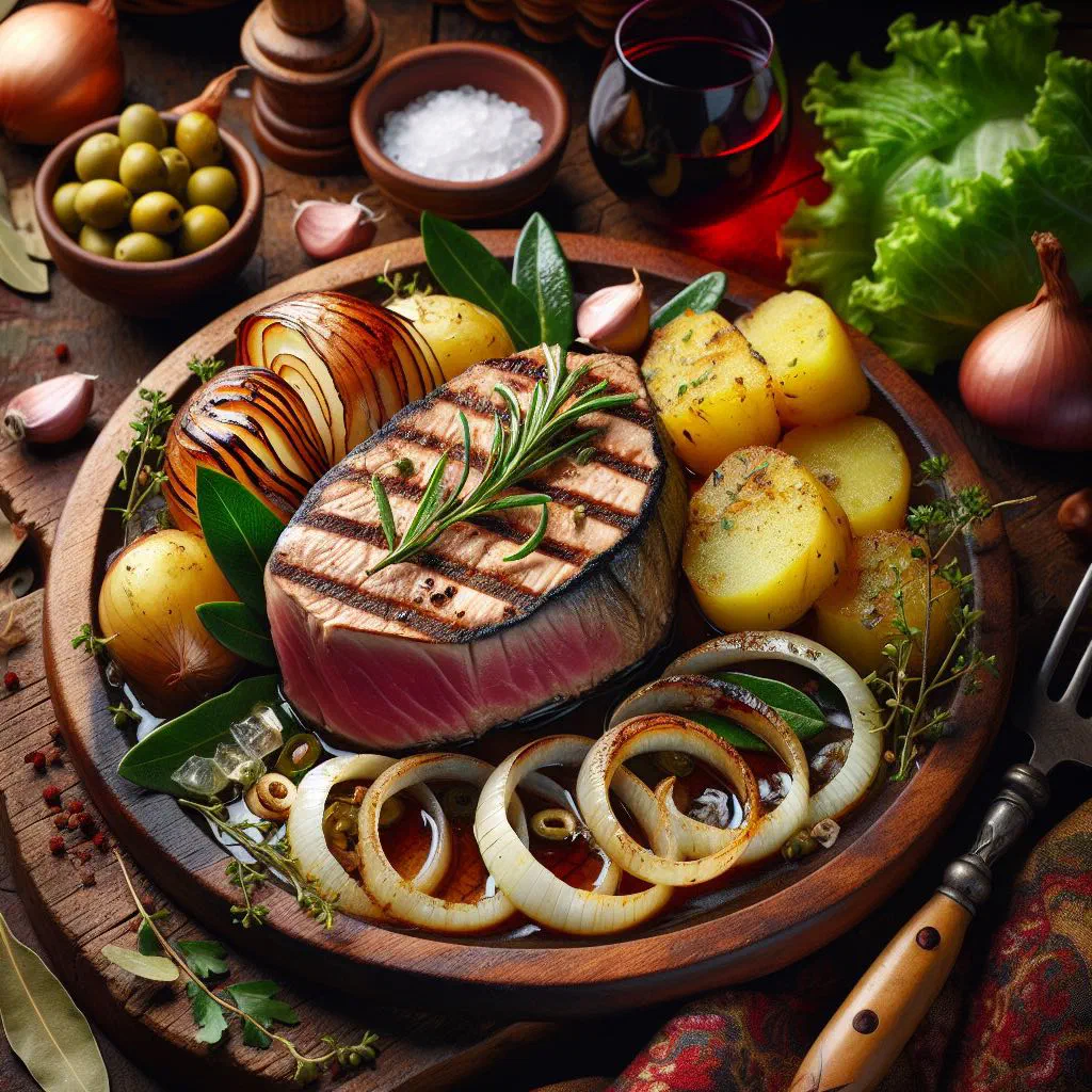 Grilled Madeira-style tuna steak served with crispy potatoes and fresh salad