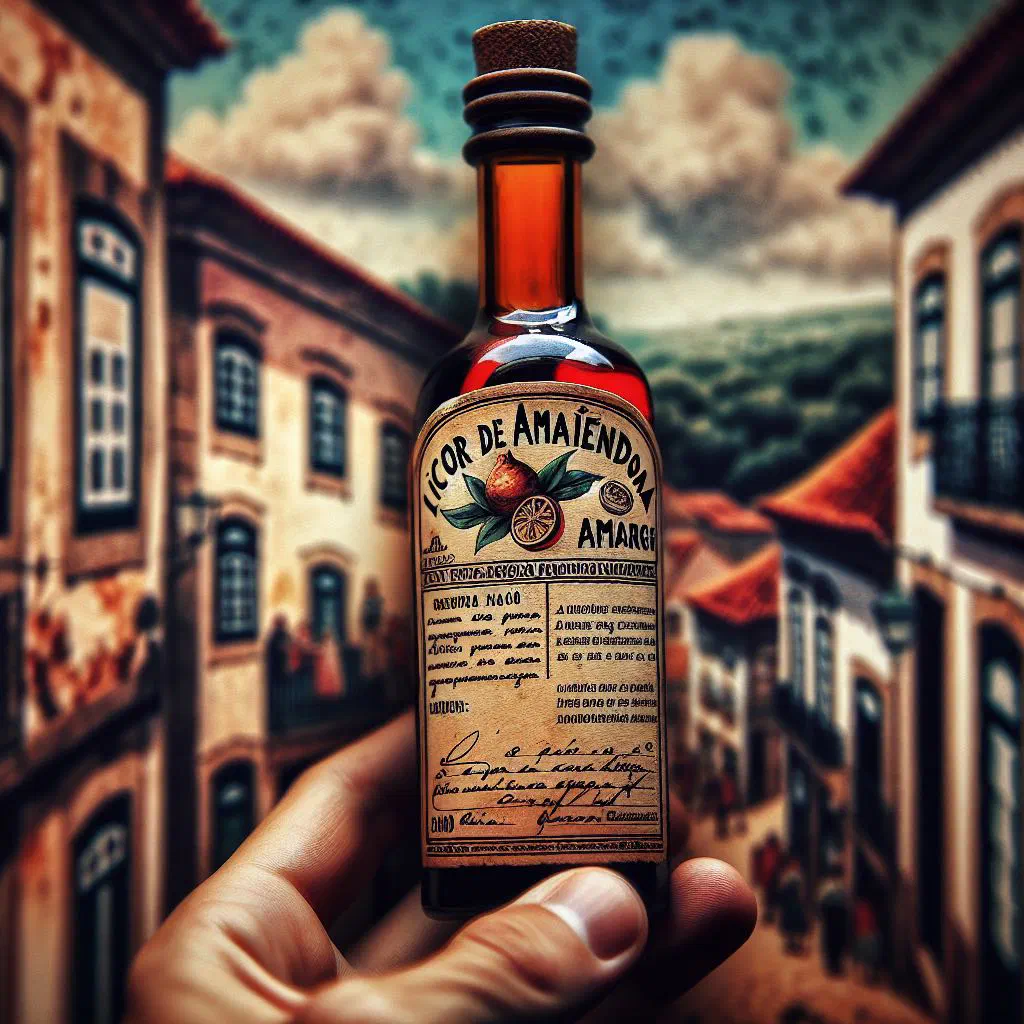 A glass of golden homemade Portuguese bitter almond liqueur