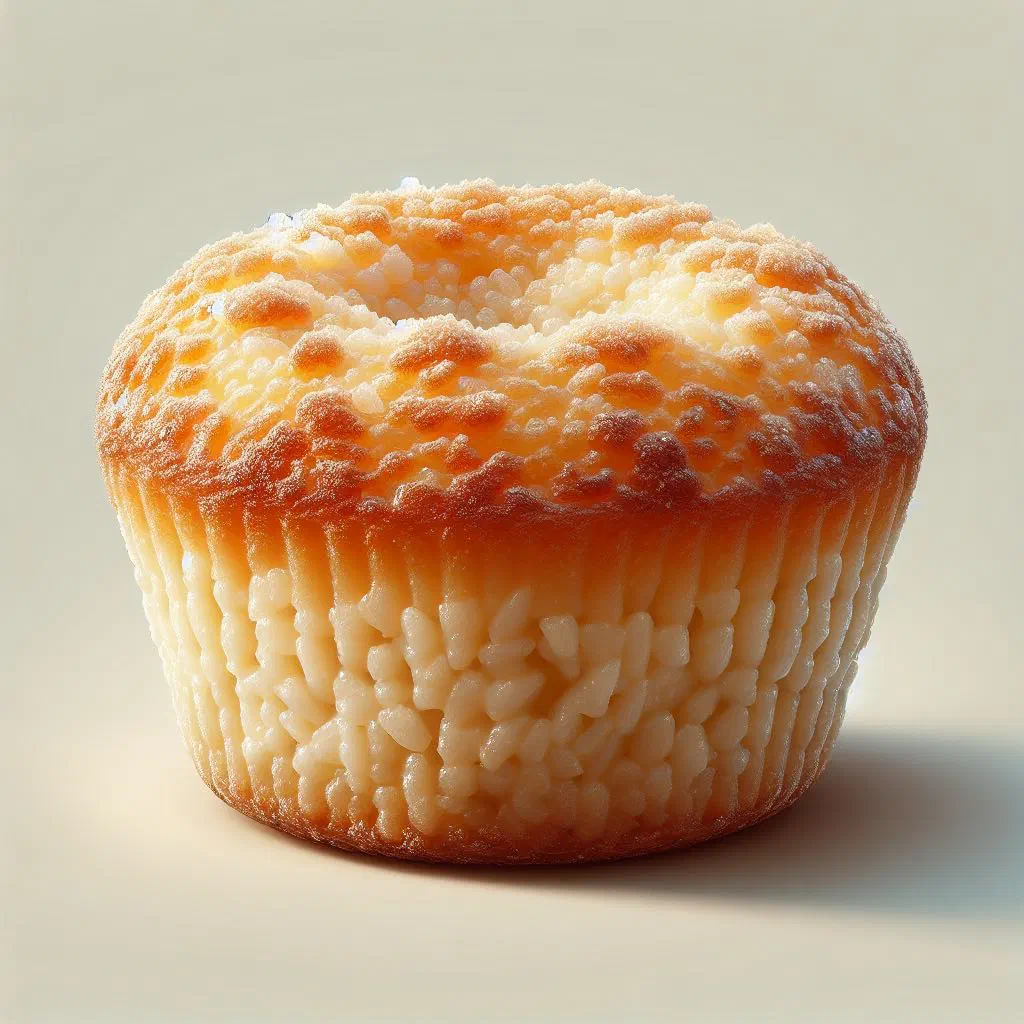 Golden Portuguese bolo de arroz rice cake dusted with icing sugar