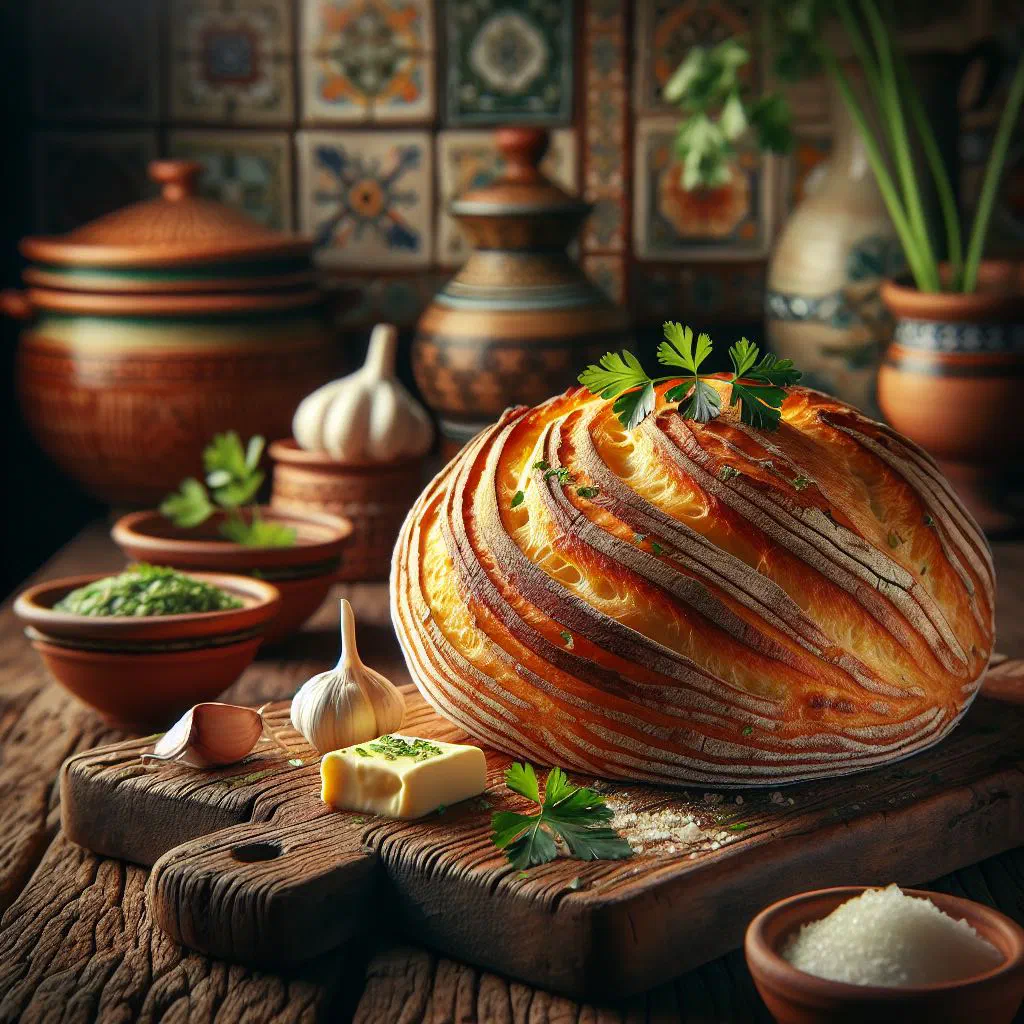 Round Bolo do Caco flatbread with a golden crust, sliced and spread with garlic butter
