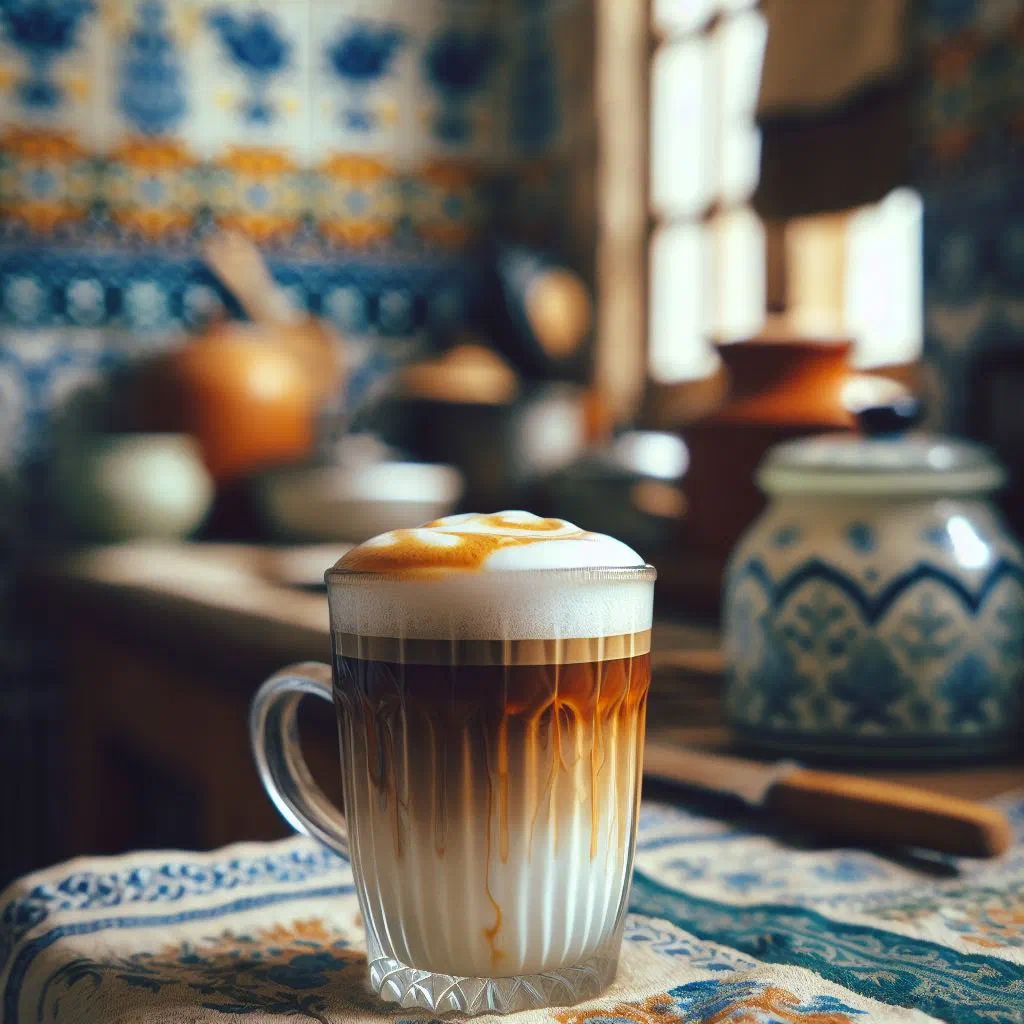 Tall glass of caffè latte topped with creamy milk foam and a dusting of cinnamon