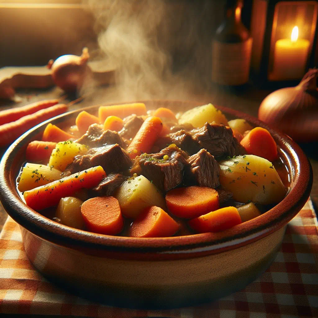 Portuguese carne estufada braised beef stew with carrots in a rich sauce, garnished with parsley