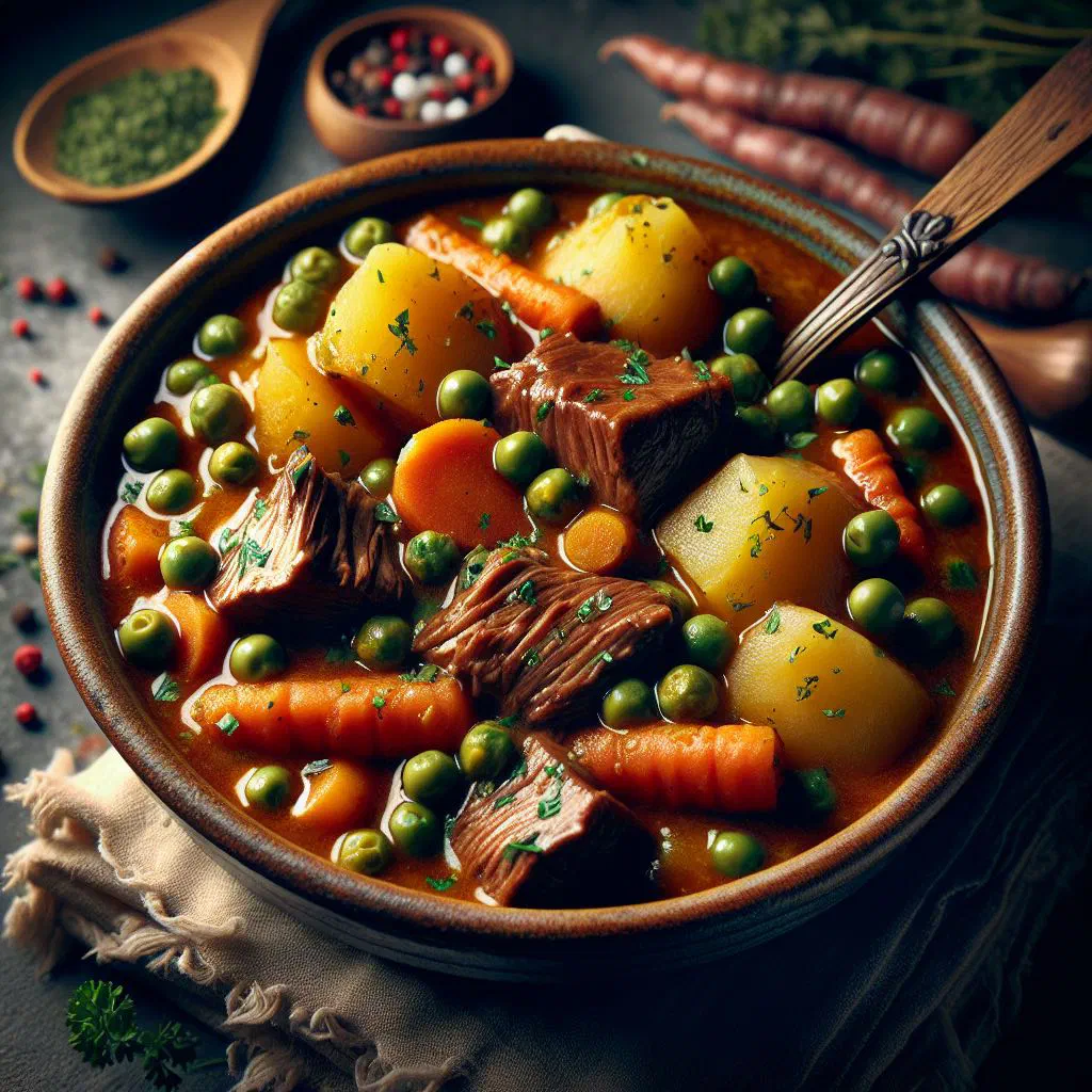Portuguese braised beef stew with vegetables in a rustic dish