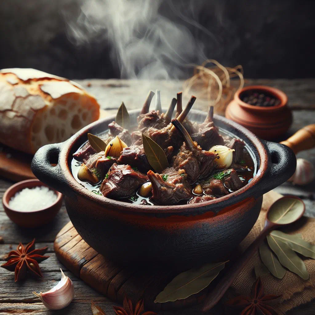 Chanfana de borrego, slow-braised lamb in red wine served in a clay pot