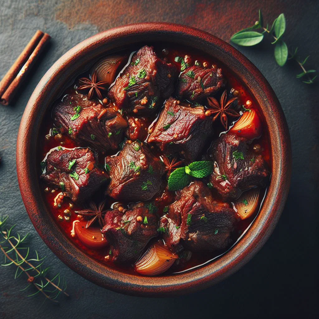 Chanfana goat stew braised in red wine, garnished with fresh parsley