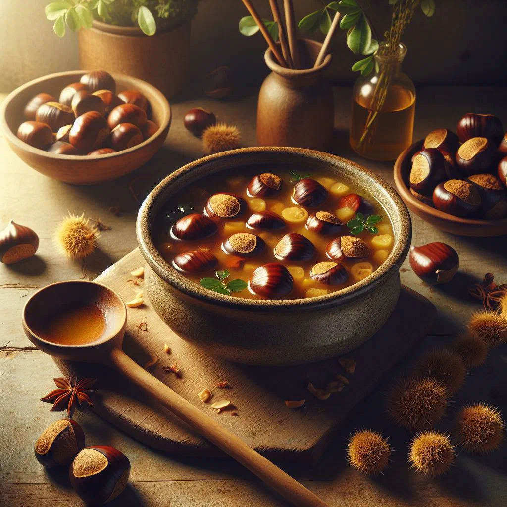 A creamy bowl of Portuguese chestnut soup garnished with fresh herbs