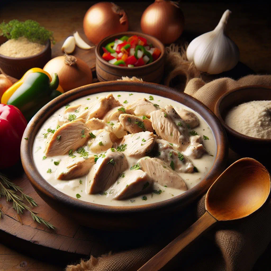 Portuguese chicken fricassée in a creamy sauce with carrots and peppers, garnished with parsley