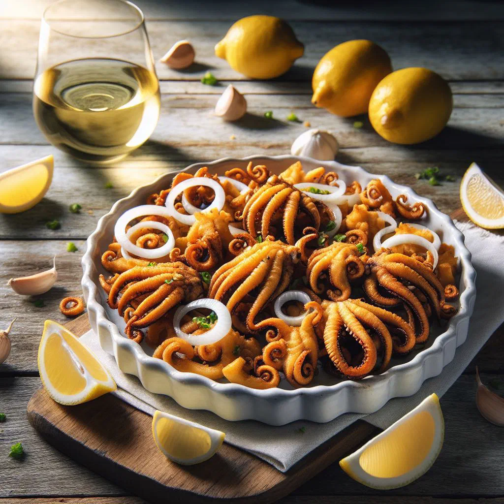 Golden breaded and fried cuttlefish served with a wedge of lemon