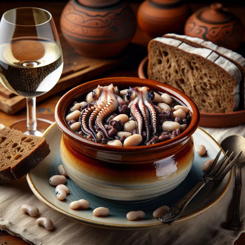 Portuguese cuttlefish and black bean stew garnished with fresh parsley