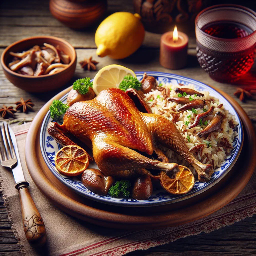 Portuguese duck with giblet rice garnished with fresh parsley
