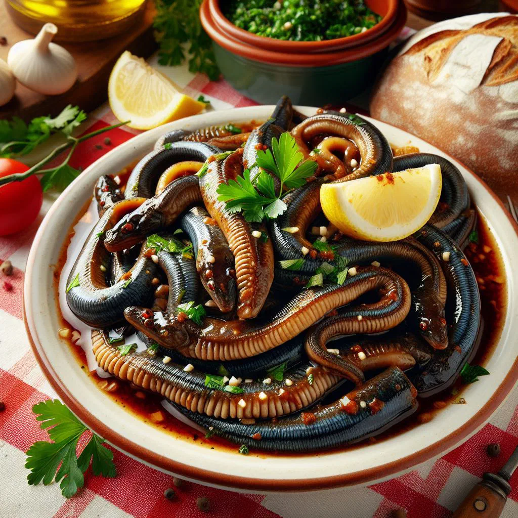 Marinated eels in escabeche with onion rings, bay leaf and olive oil