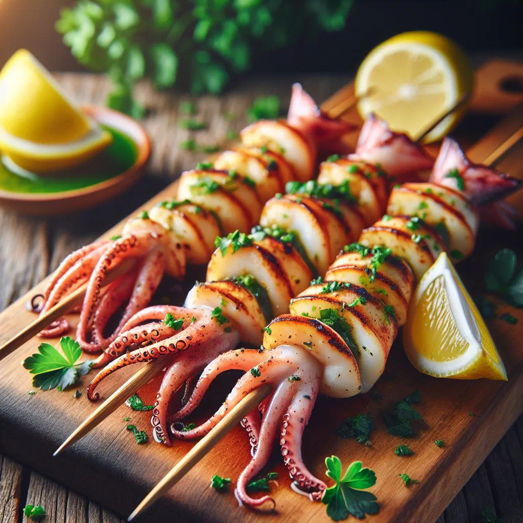 Grilled squid skewers with herbs and lemon wedges on a wooden board