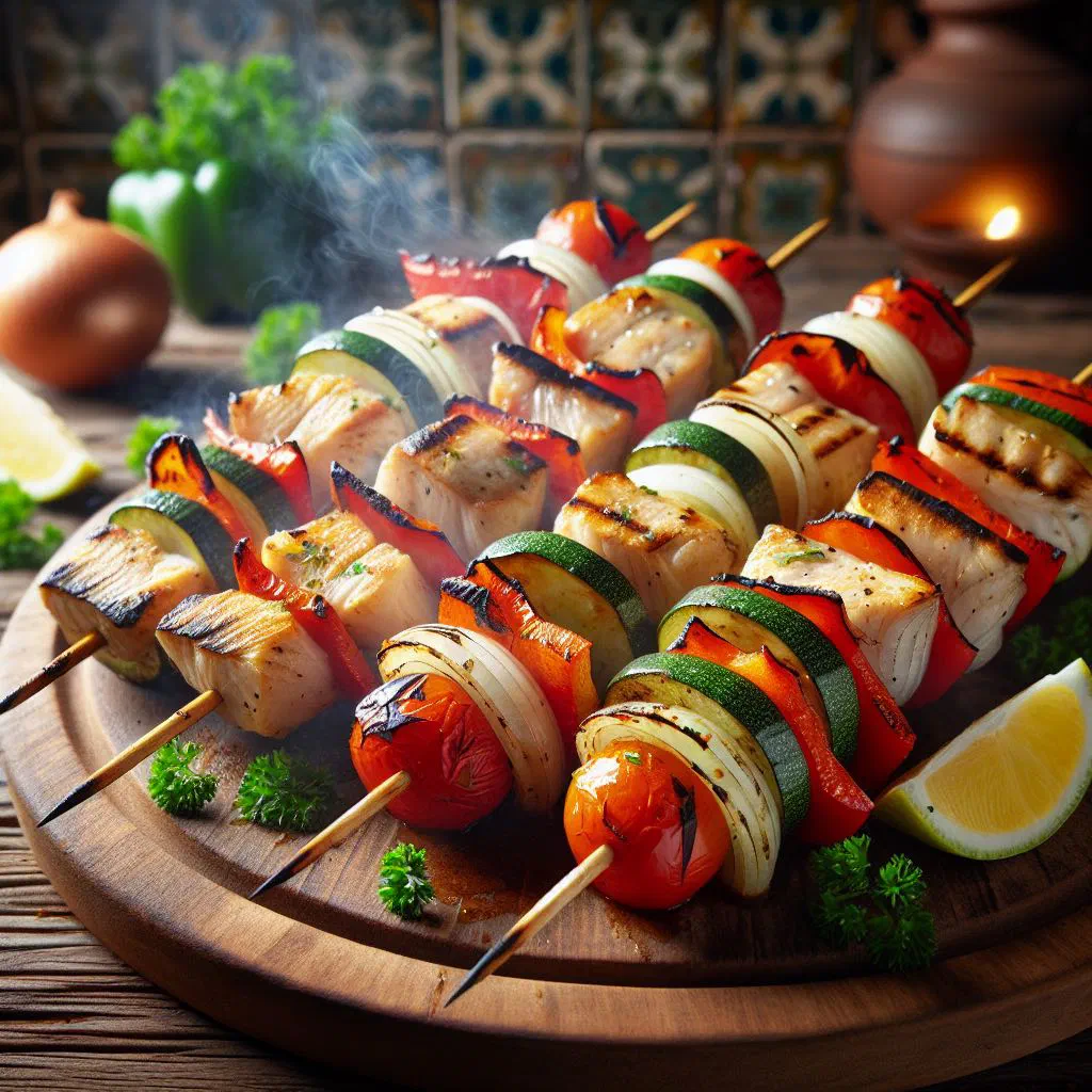 Grilled Portuguese fish skewers with lemon and fresh herbs