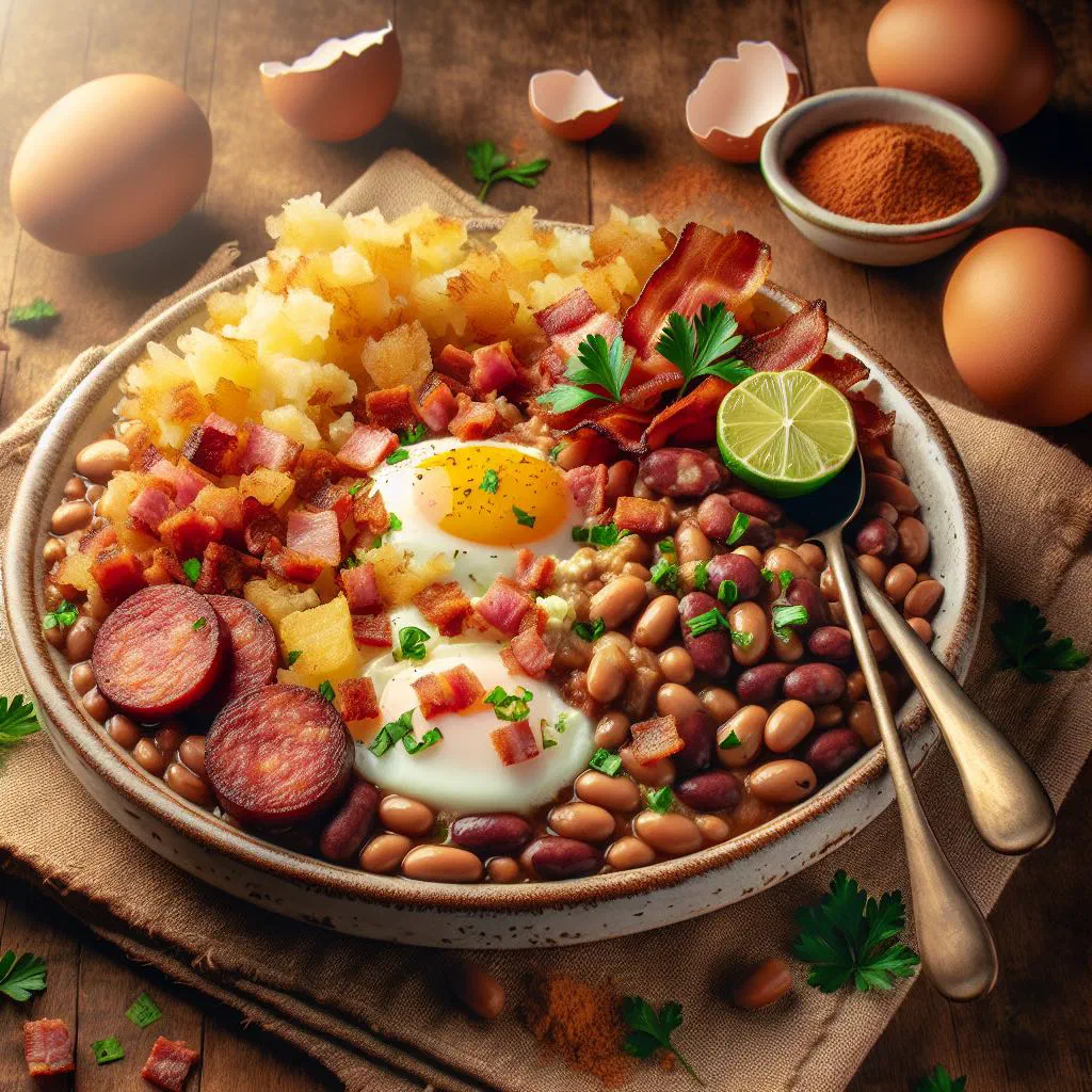 Feijão tropeiro with beans, diced ham, eggs and fresh coriander