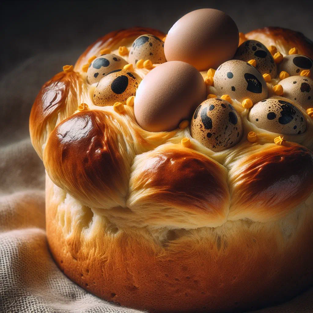 Golden Portuguese Folar da Páscoa Easter bread studded with whole boiled eggs