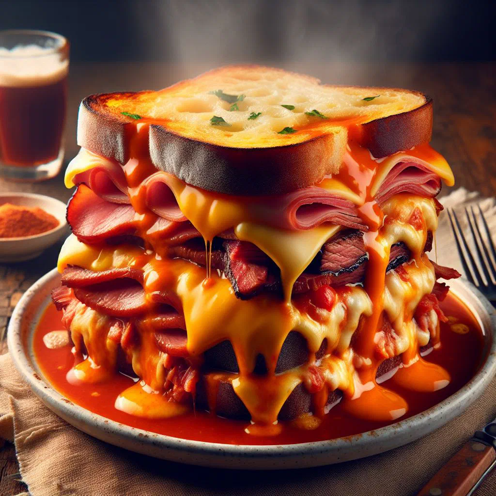 Francesinha sandwich layered with meats, smothered in melted cheese and spicy sauce