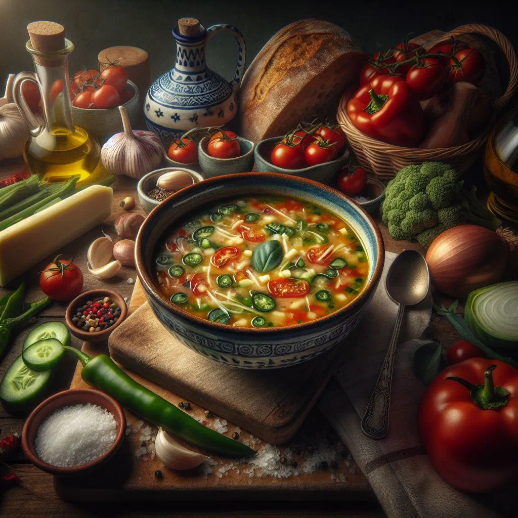 A bowl of cold gaspacho Alentejano with fresh tomatoes, cucumber and herbs