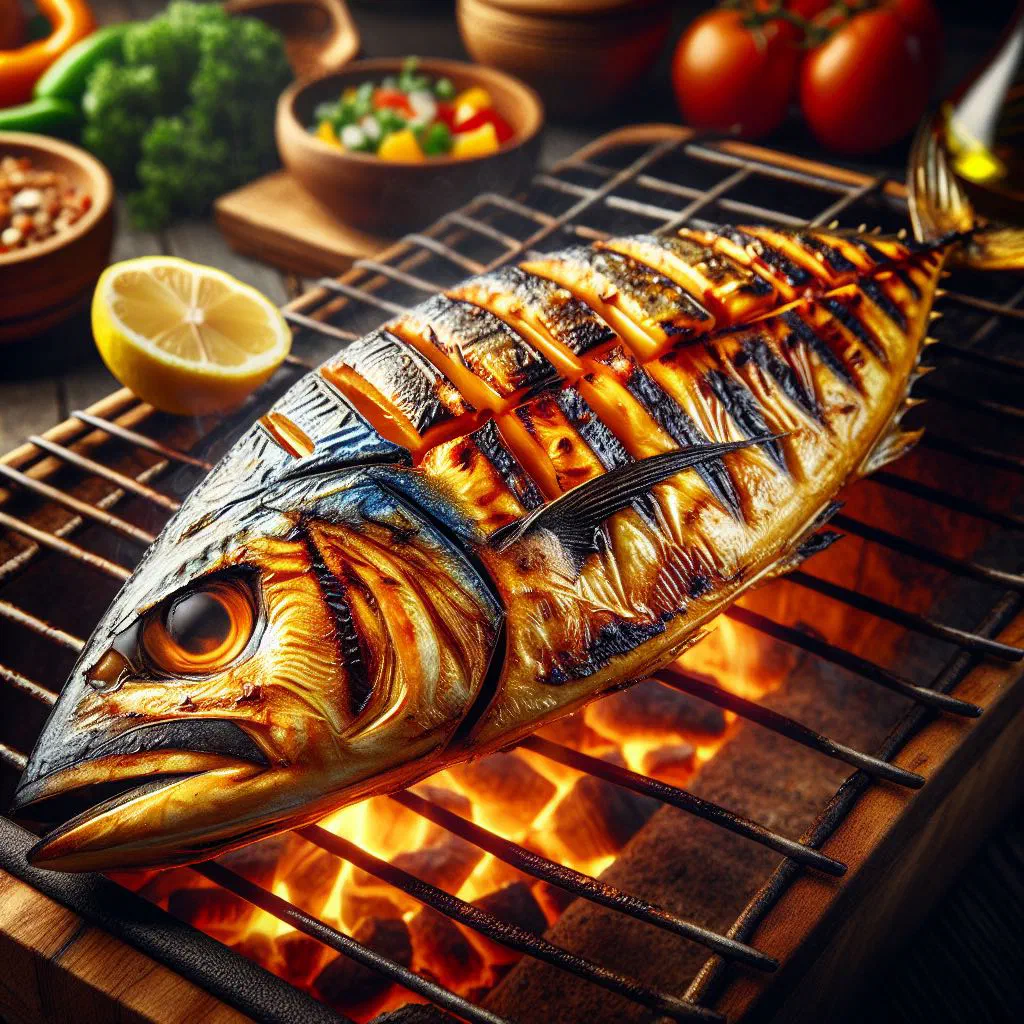 Grilled horse mackerel served with lemon wedges and fresh herbs