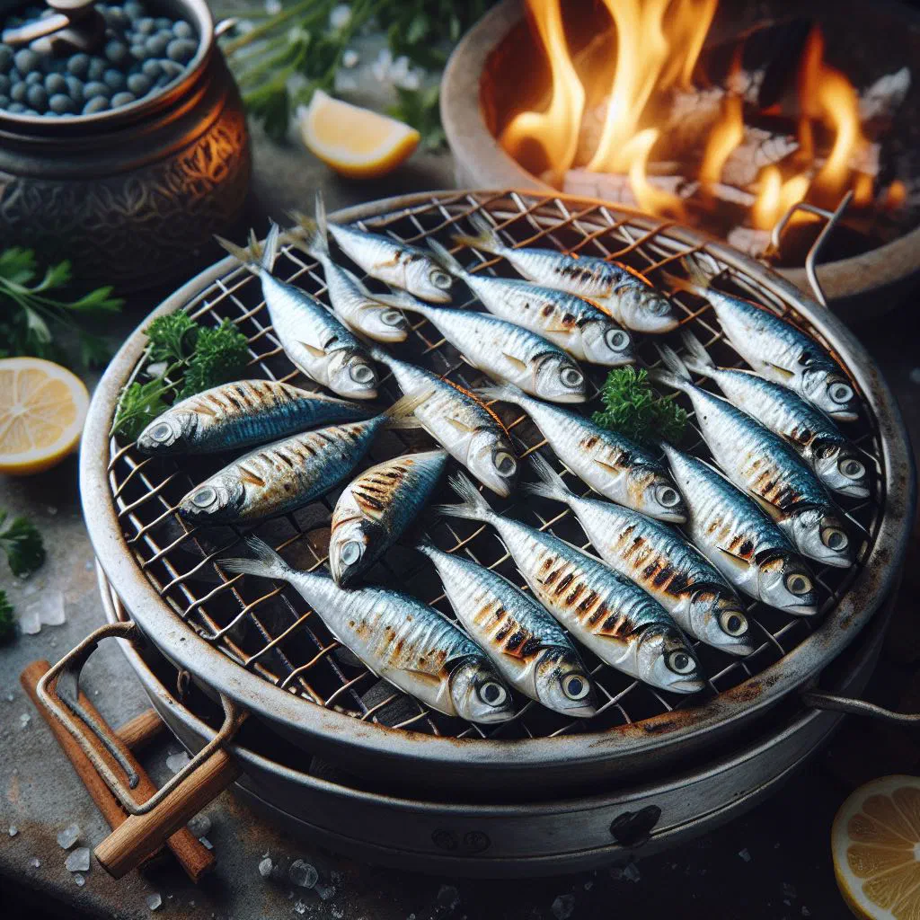 Charcoal-grilled sardines served with crusty bread and lemon