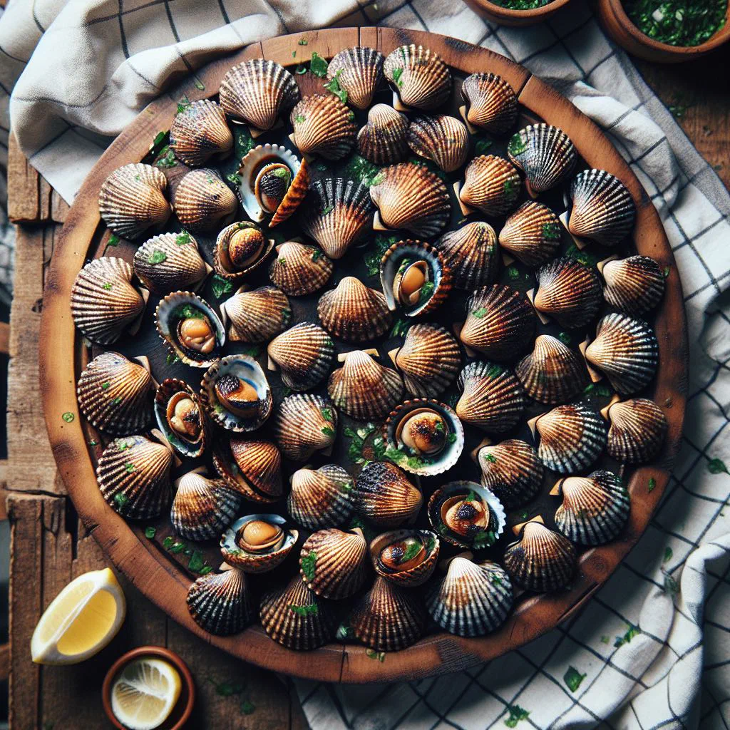 Grilled limpets in their shells with garlic, parsley and lemon