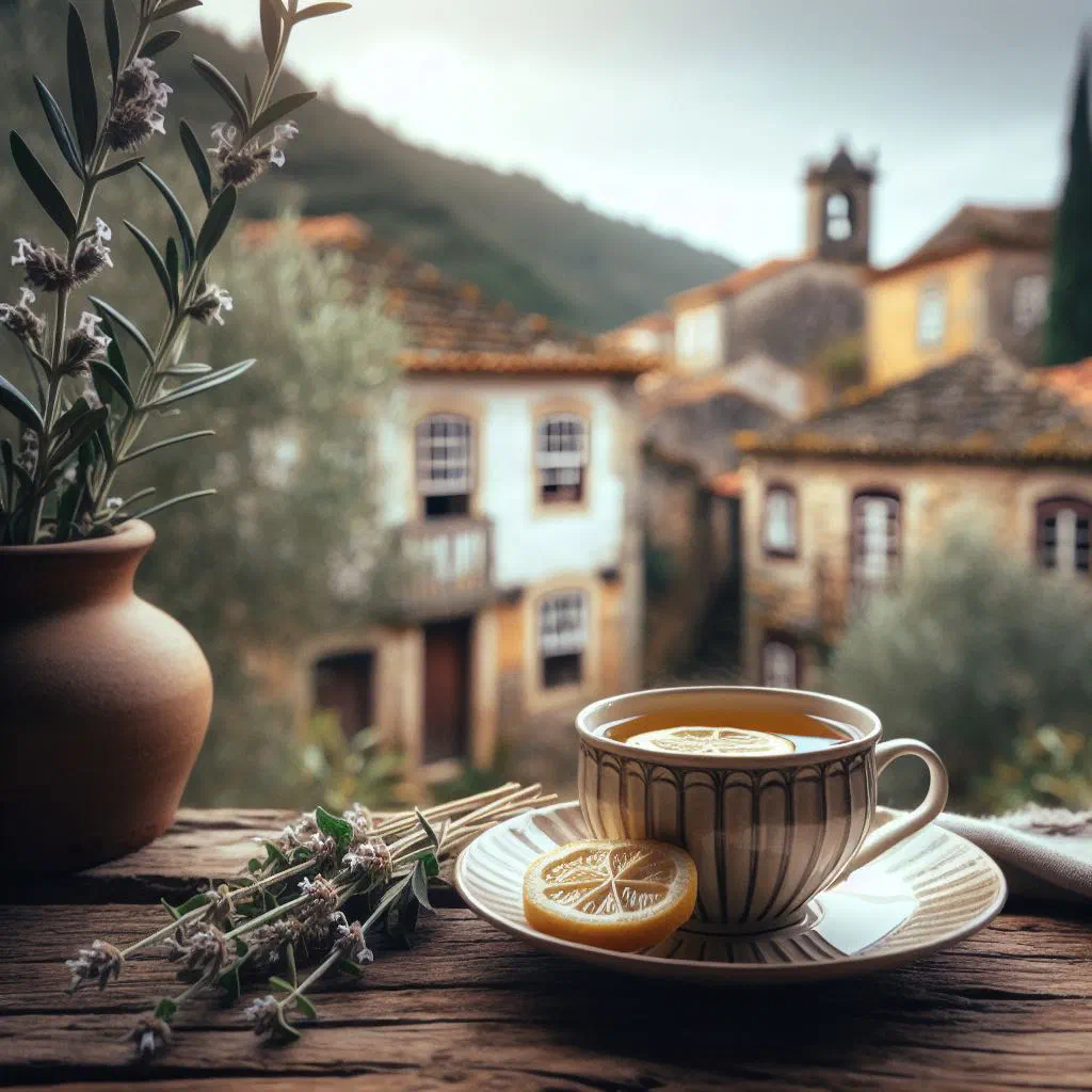 A clear glass cup of golden lemon verbena tea with a lemon slice and fresh sprigs