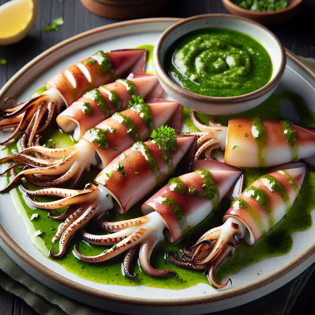 Grilled squid served with a fresh green parsley sauce and lemon