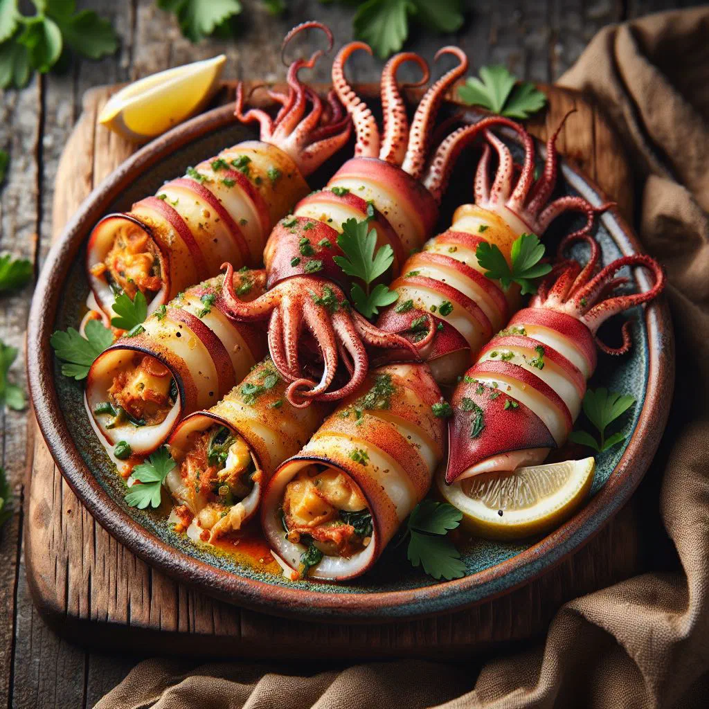 Stuffed squid baked with tomato and rice, garnished with lemon and parsley