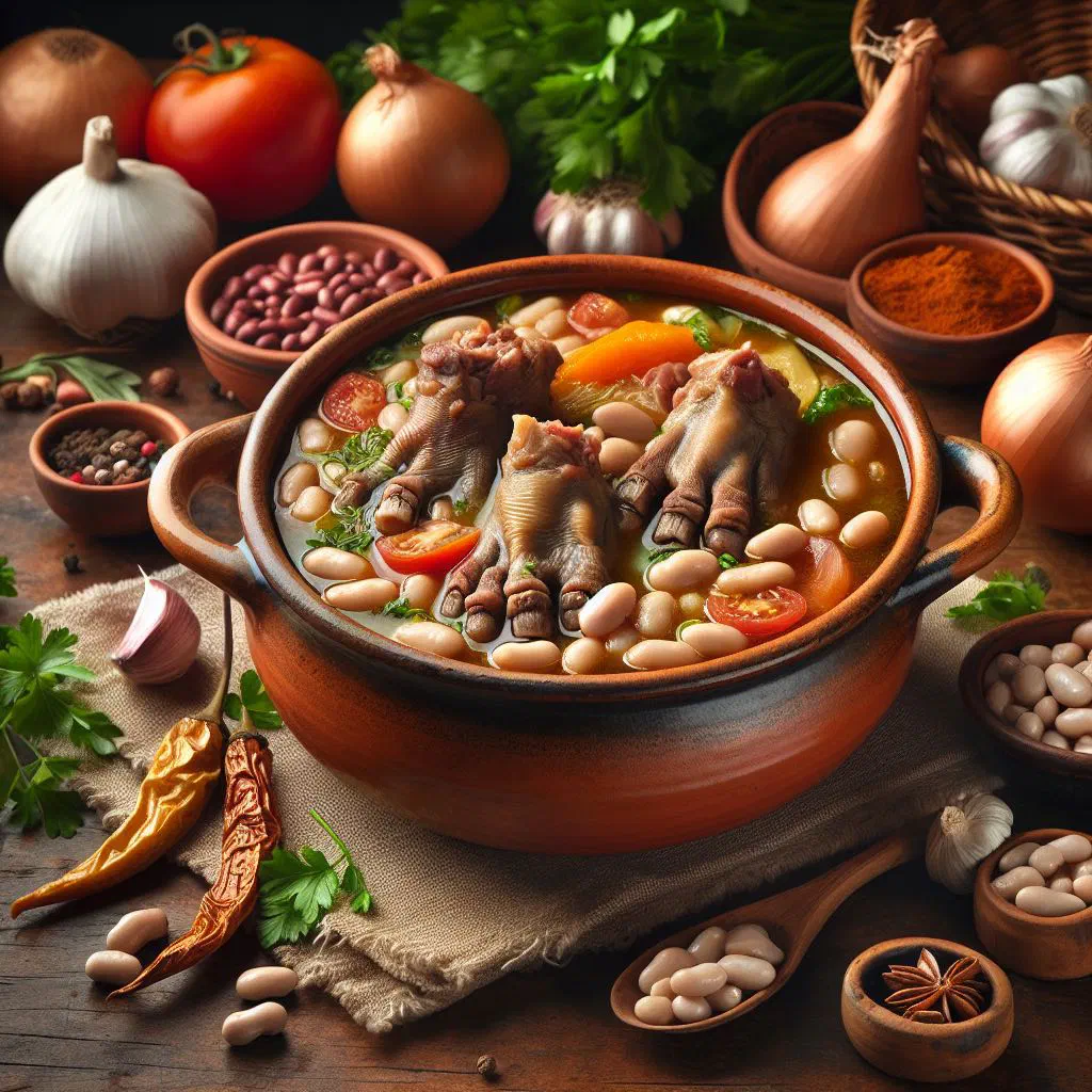 Bowl of Mão de Vaca com Grão with tender beef trotters and chickpeas, garnished with parsley