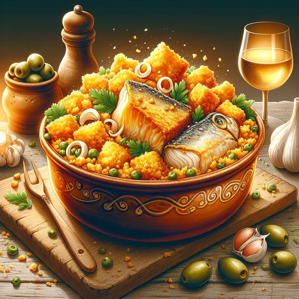 Migas de bacalhau with flaked salt cod and crisp bread, garnished with parsley
