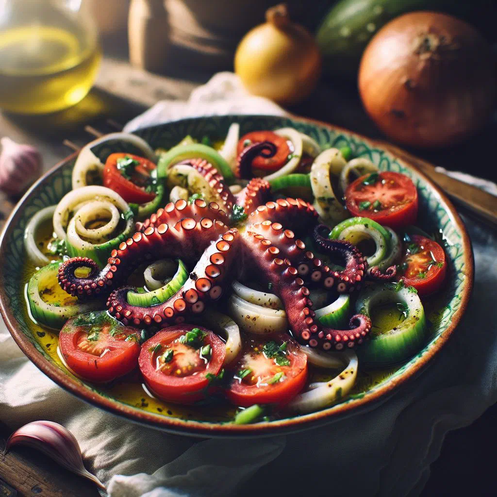 Portuguese octopus salad with peppers, onion and parsley dressed in olive oil