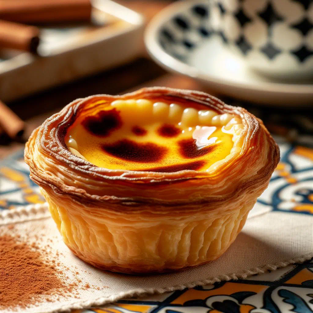 Golden Portuguese custard tarts with a caramelised top