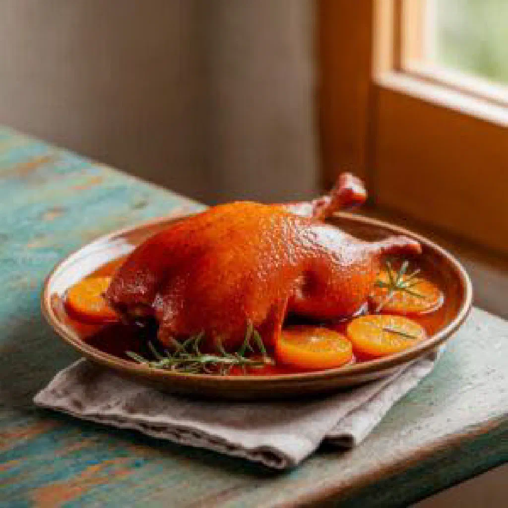 Sliced duck breast with glossy orange sauce and fresh herbs