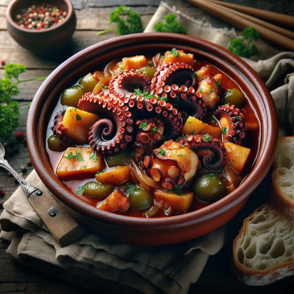Polvo guisado octopus stew in a rich tomato sauce with parsley