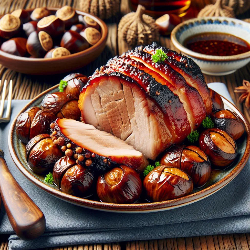 Pork loin with roasted chestnuts and fresh herbs in a rustic pan