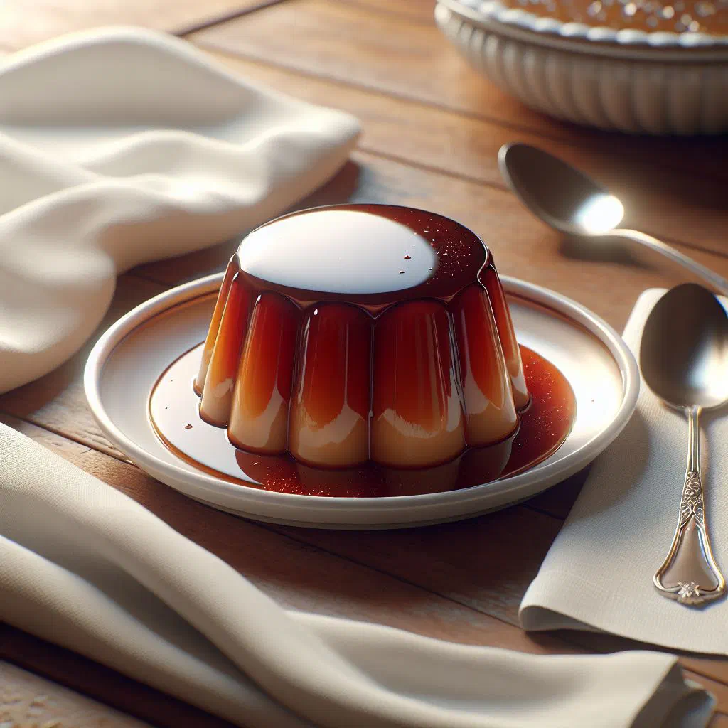 Glossy caramel-coated Pudim Abade de Priscos turned out onto a plate