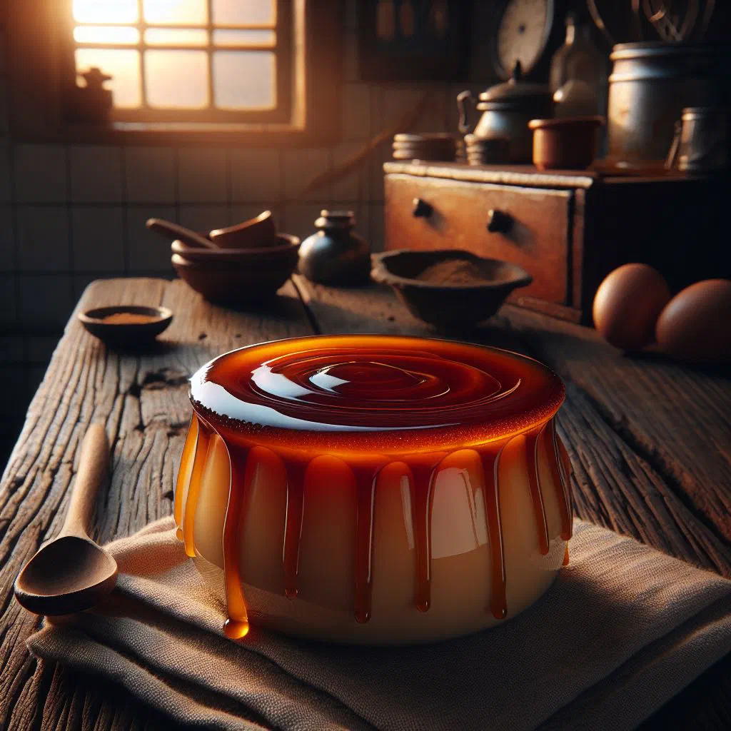 Pudim de ovos turned out onto a plate with golden caramel running down the sides