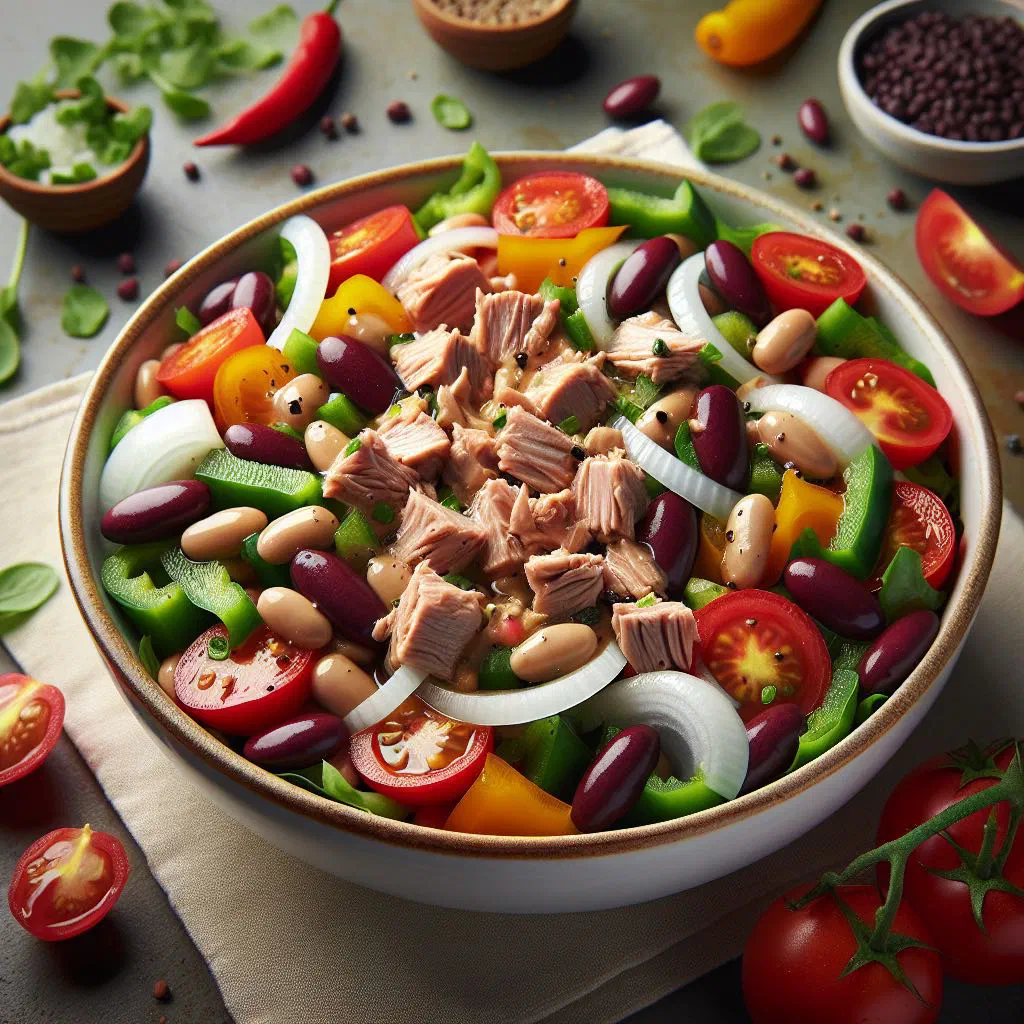 Portuguese tuna and black-eyed pea salad with chopped onion, tomato and parsley