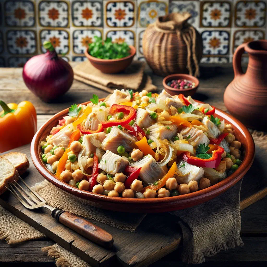 Portuguese salt cod and chickpea salad with onion, tomato and parsley