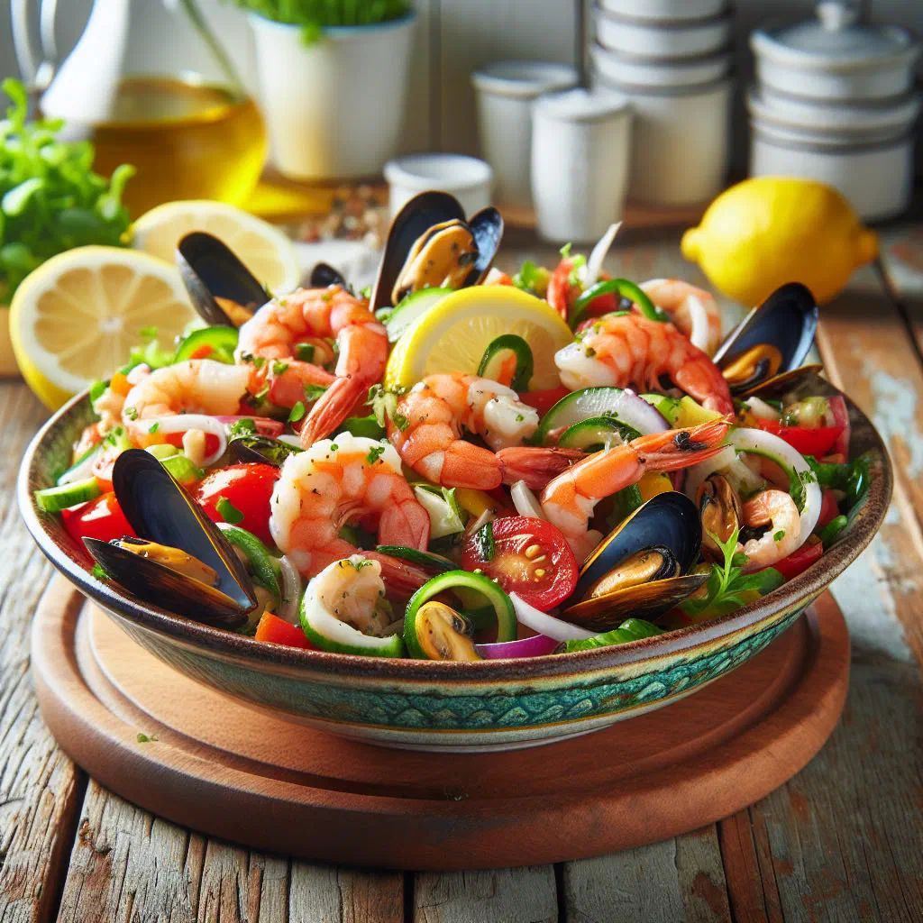 Portuguese seafood salad with prawns, mussels and squid in a fresh dressing