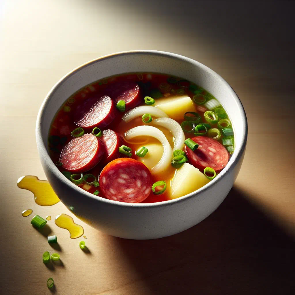 Bowl of Sopa de Calabresa with chorizo, vegetables and fresh parsley