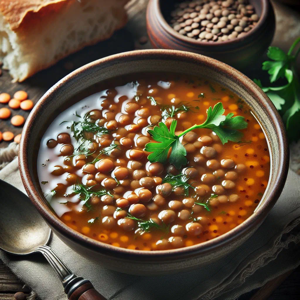 A bowl of Portuguese lentil soup garnished with fresh parsley