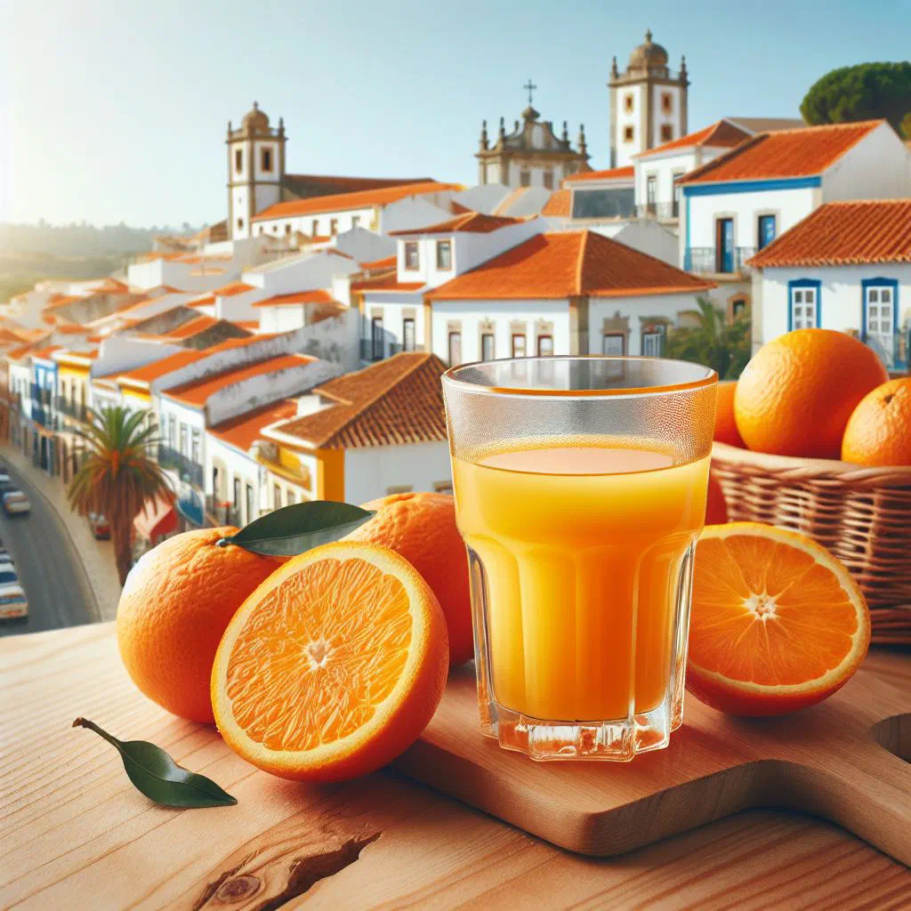 A glass of freshly pressed Algarve orange juice with ice and an orange slice