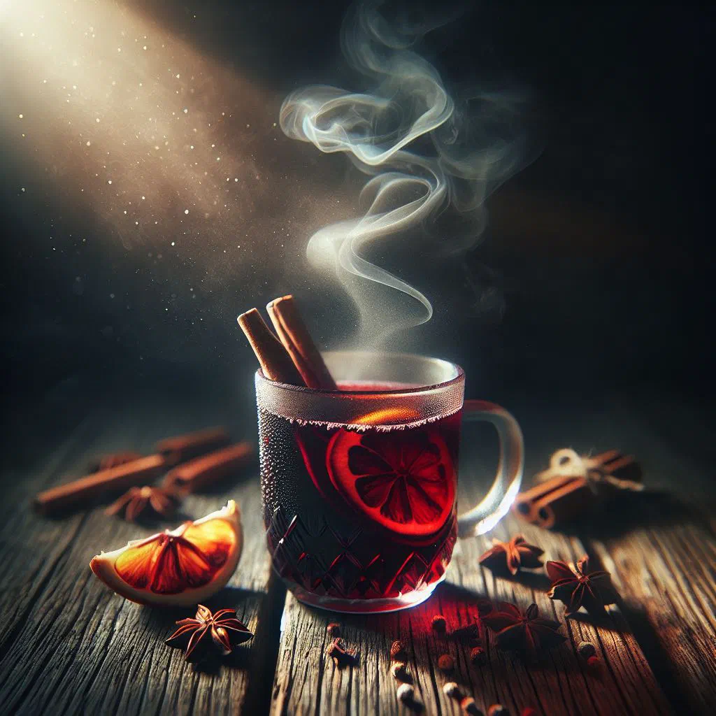 Steaming mulled red wine in a glass garnished with cinnamon and orange