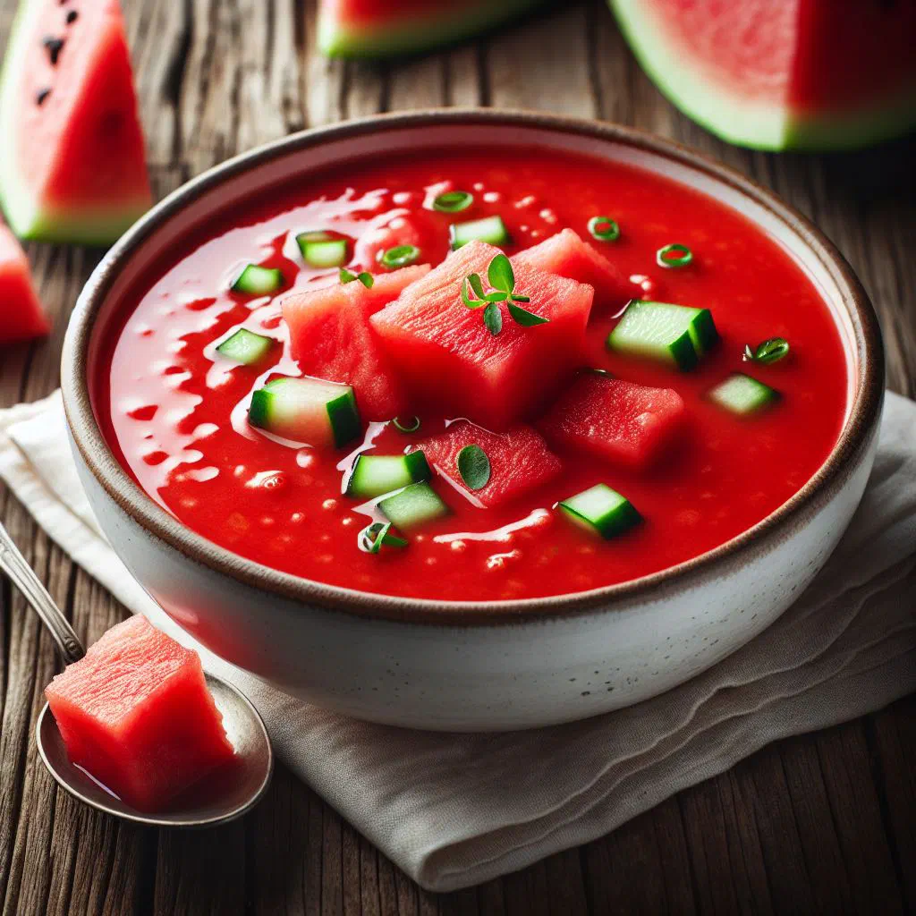 A bowl of bright pink watermelon gazpacho garnished with fresh mint