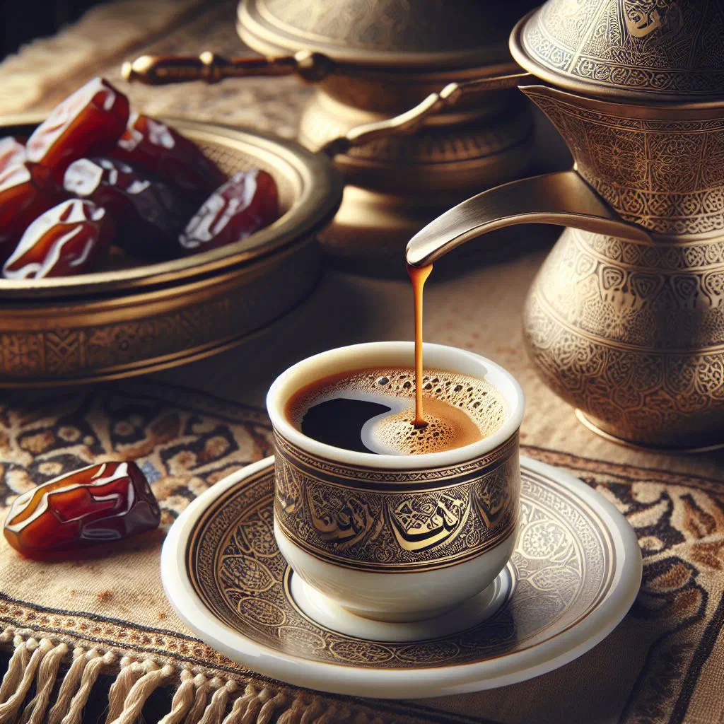 Arabic coffee served in small cups from a traditional dallah pot with dates