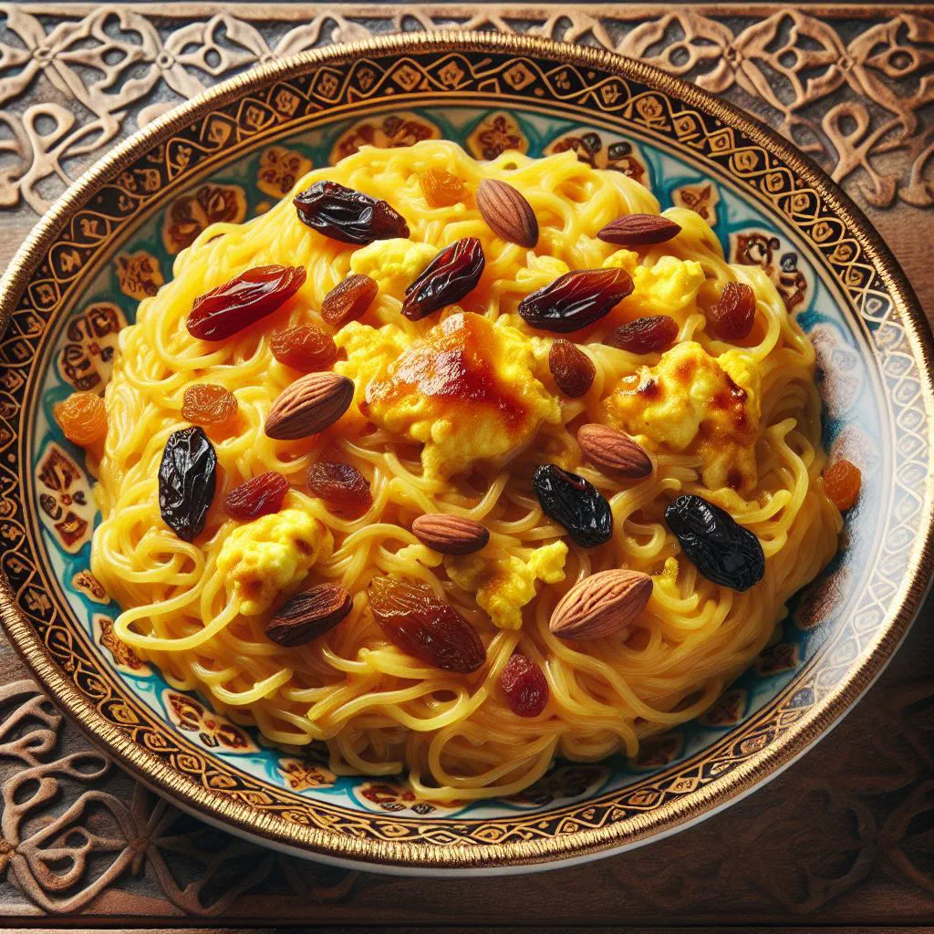 Golden saffron balaleet vermicelli topped with pine nuts in a small bowl