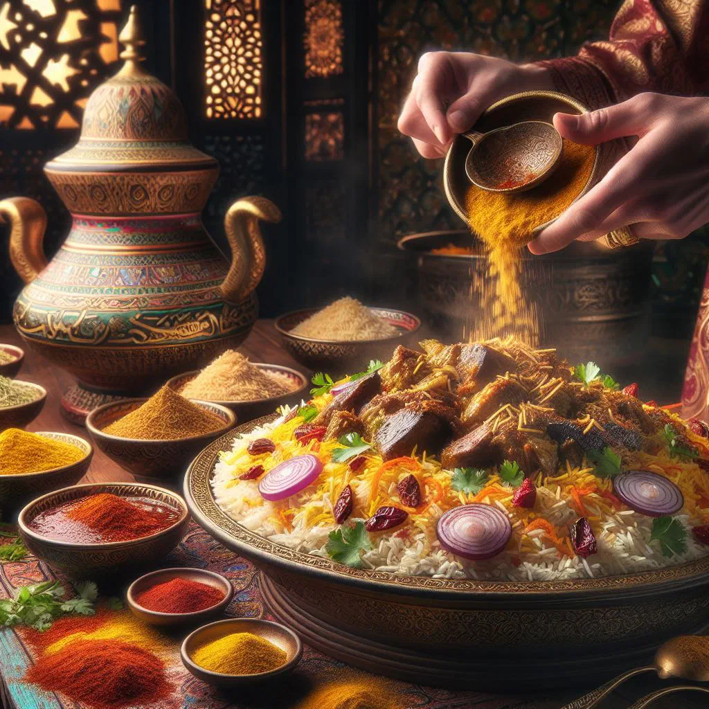 Fragrant Qatari biryani with spiced meat and basmati rice garnished with fresh herbs