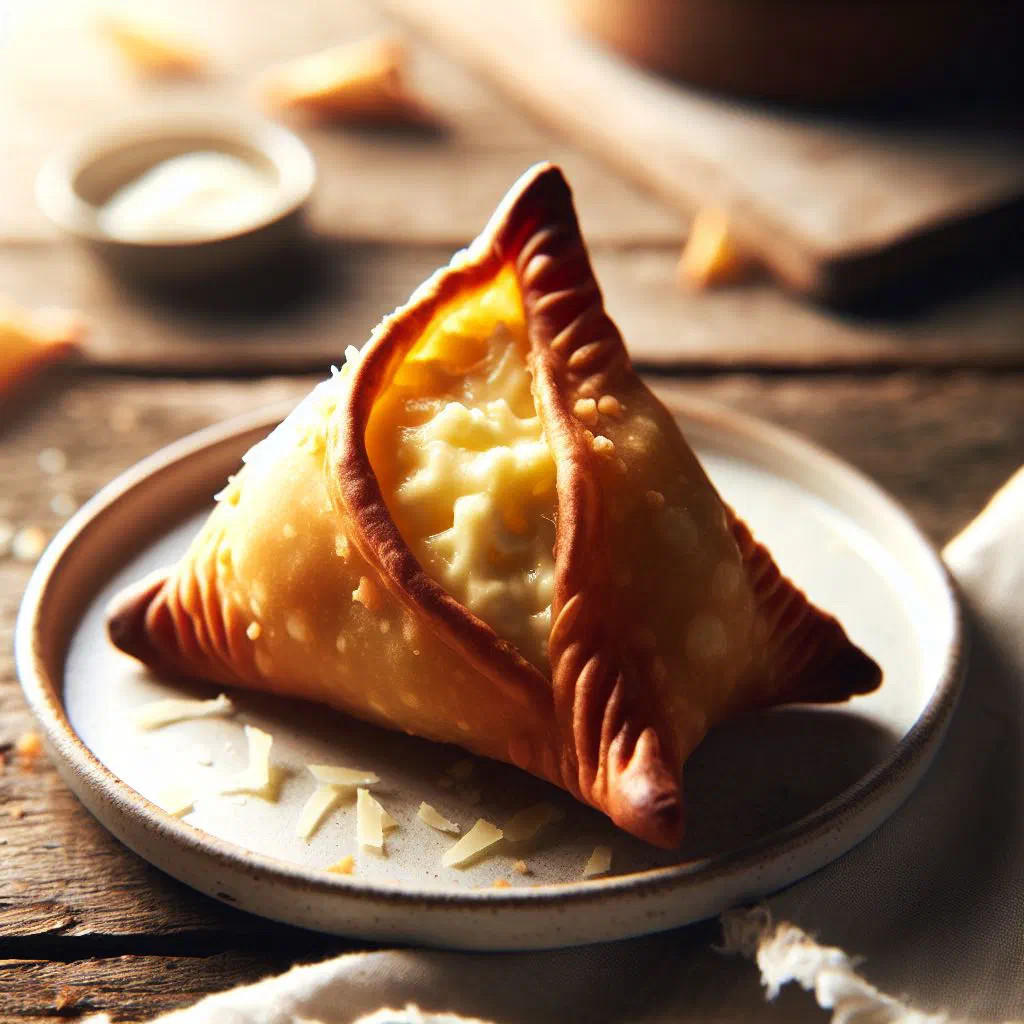 Golden fried cheese samosas served with a dipping sauce
